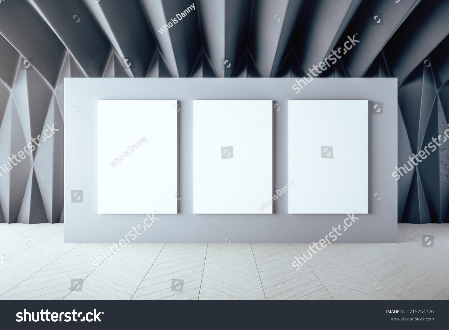 Luxury gallery interior hall with three empty posters on wall. Museum and exhibition concept. 3D Rendering