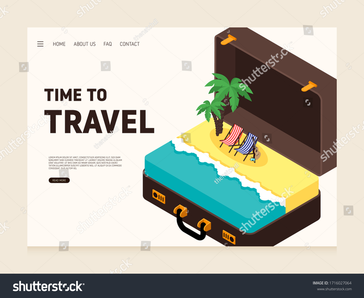 Travel landing page design template decorative with big luggage and sea modern flat design  vector illustration