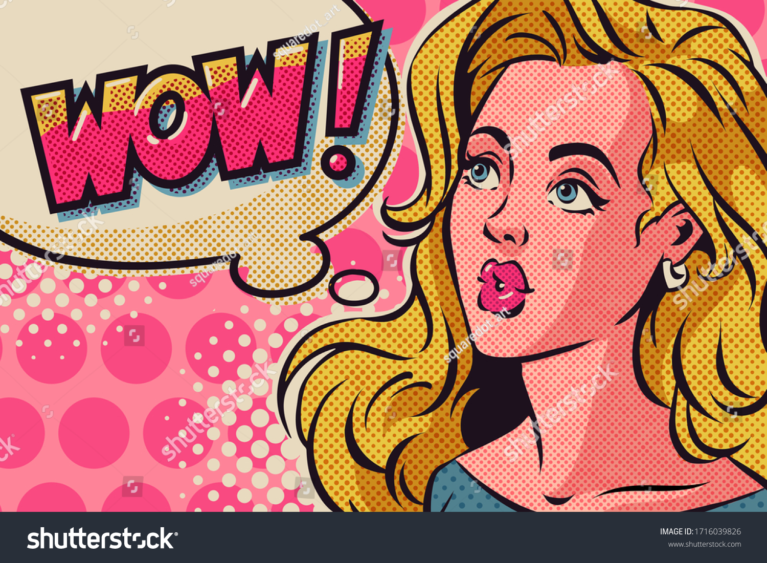 Blond woman surprised close up in pop art style and wow speech bubble. Vector retro comic illustration.