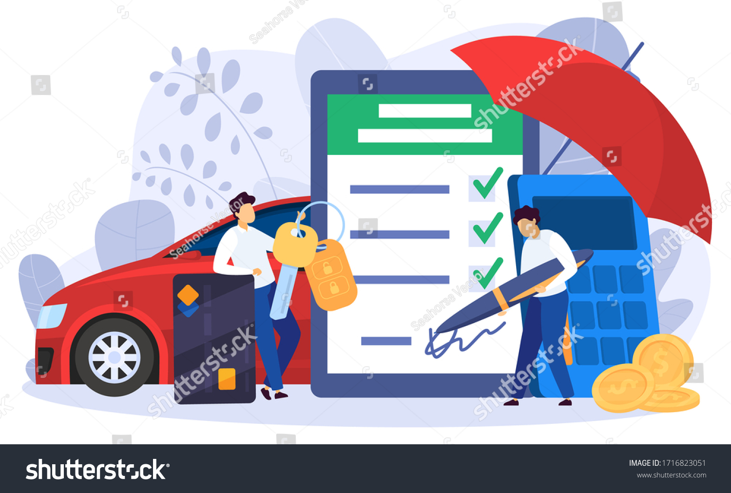 Car leasing and purchase concept  man signing deal  vector illustration. People buying car  cartoon characters. Bank loan agreement  property insurance  agent selling vehicle to customer