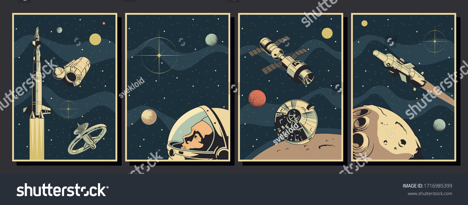 Aerospace  Spacecraft Poster Template Set  Space Ships  Rockets  Orbital Station  Astronaut  Planets  Asteroid  Stars Background