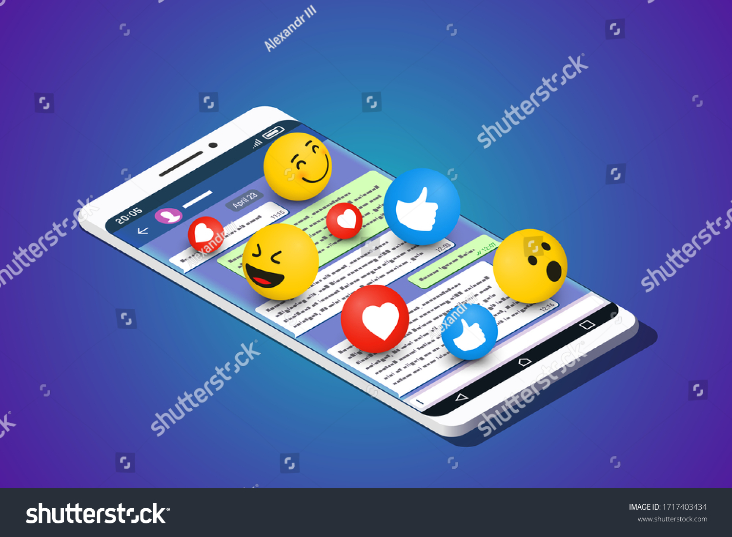 Modern Smartphone with Messenger App on Its Screen and 3d Emoji over It. Isometric Vector Illustration