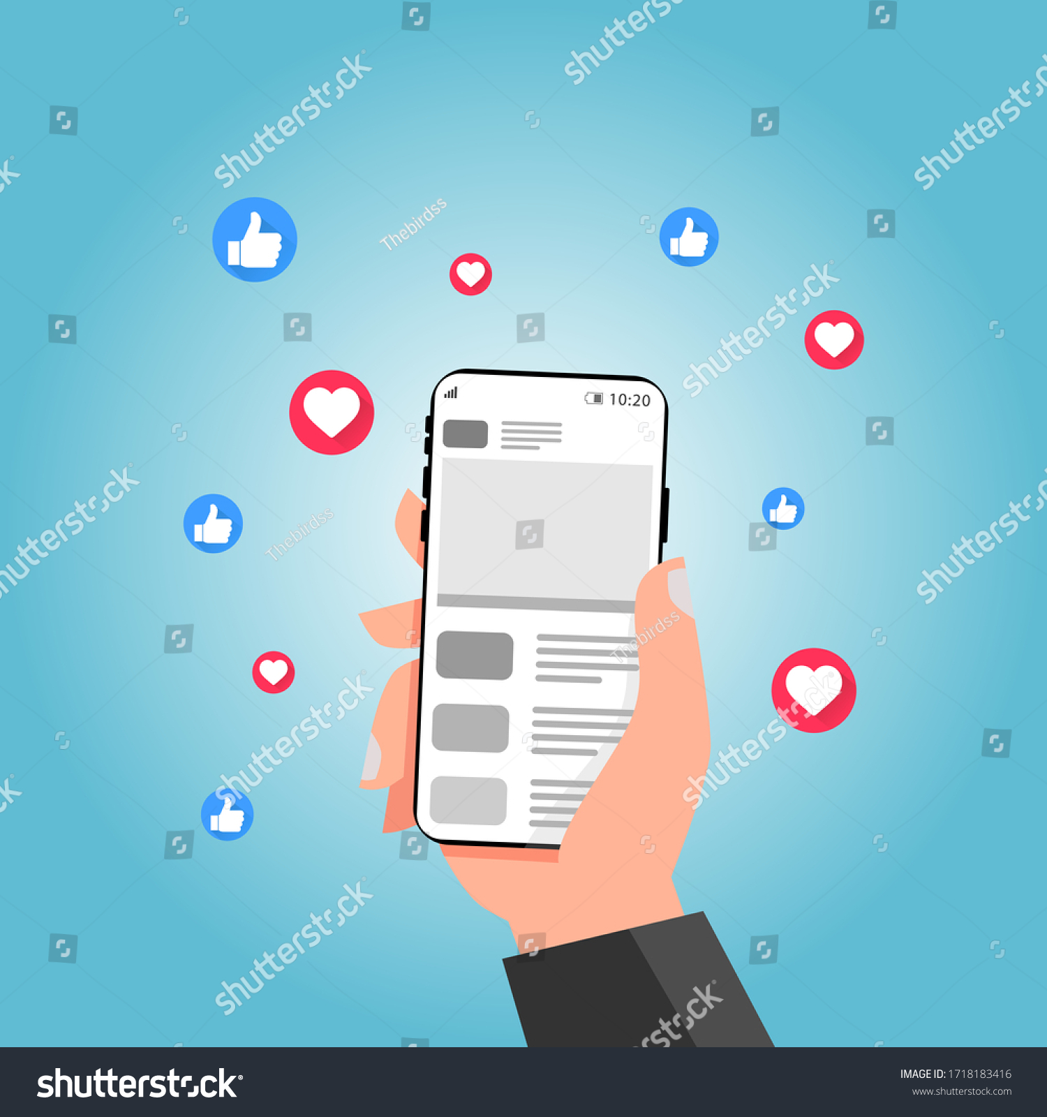 Social media marketing on Mobile phone. Thumb up and Like. Smartphone in Hand. Socila media marketing concept.