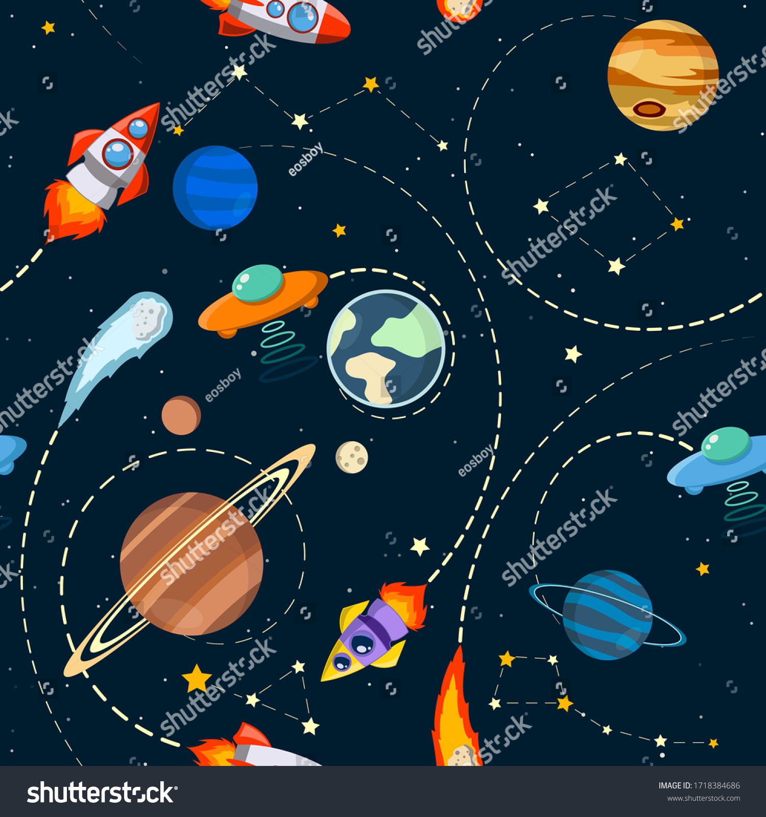 Space theme. Solar system vector kids cartoon planet seamless pattern. Rocket  UFO  planets Illustration  great for wallpaper  textile and texture design. Kids design  fabric  wrapping  apparel.