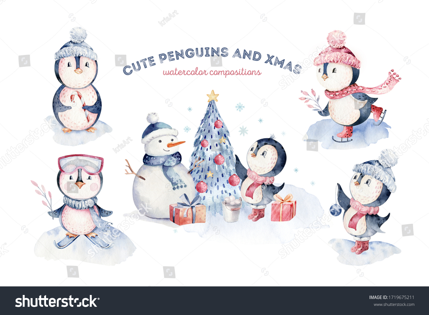 Watercolor merry christmas character penguin illustration. Winter cartoon isolated cute funny animal design card. Snow holiday xmas penguins.