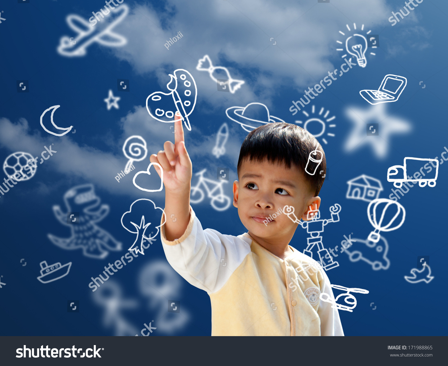 Asian children press the flying imagine symbol 