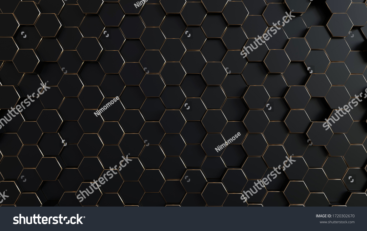 Abstract Black Honeycomb With Golden Stroke Background - 3D Illustration