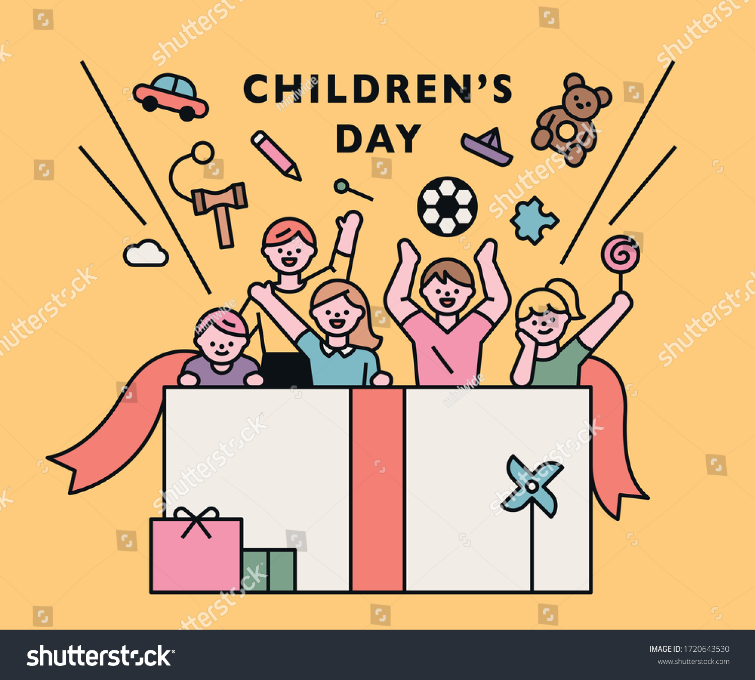happy children's day. Children and toys pop out of the huge gift box. flat design style minimal vector illustration.