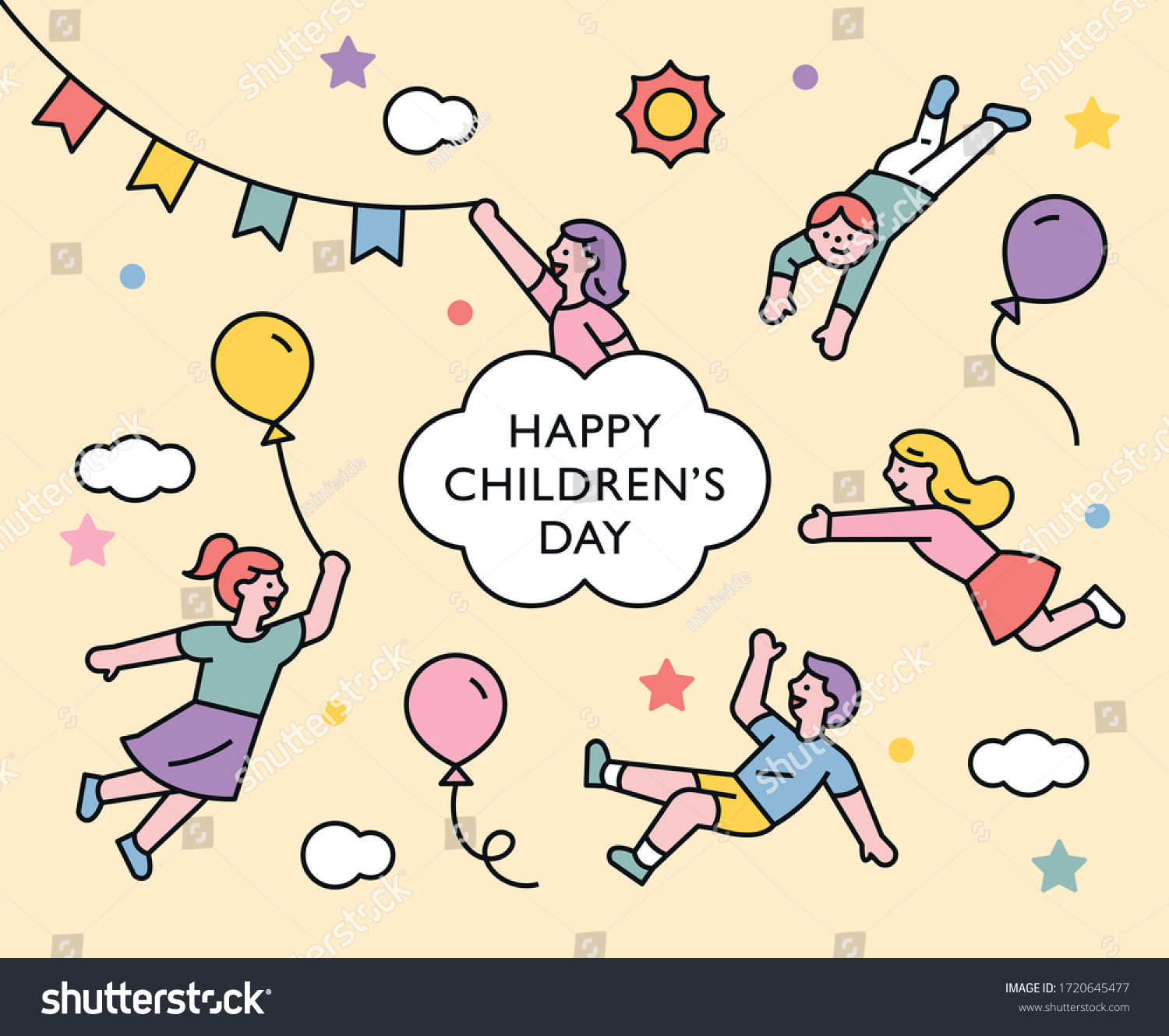 happy children's day. Cute children are floating in the air. flat design style minimal vector illustration.