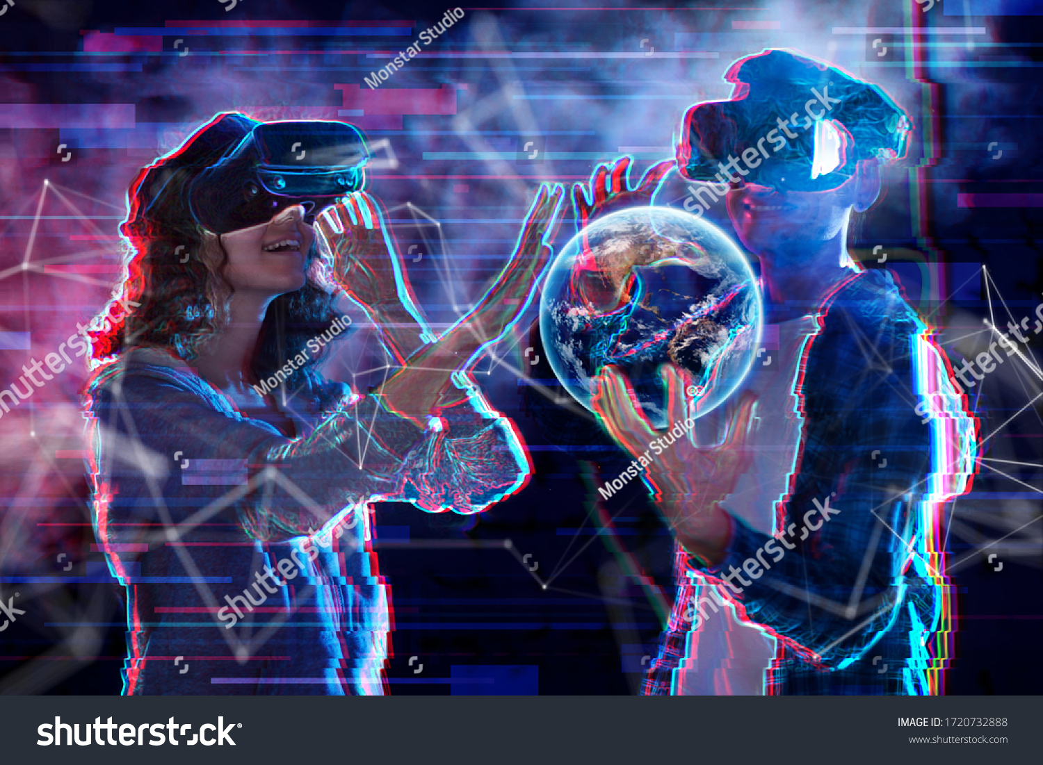 Girl and boy are playing in virtual reality game club. Young woman and man in VR glasses are gaming with realistic holograms in simulator. Entertainment and leisure concept. Modern technologies.