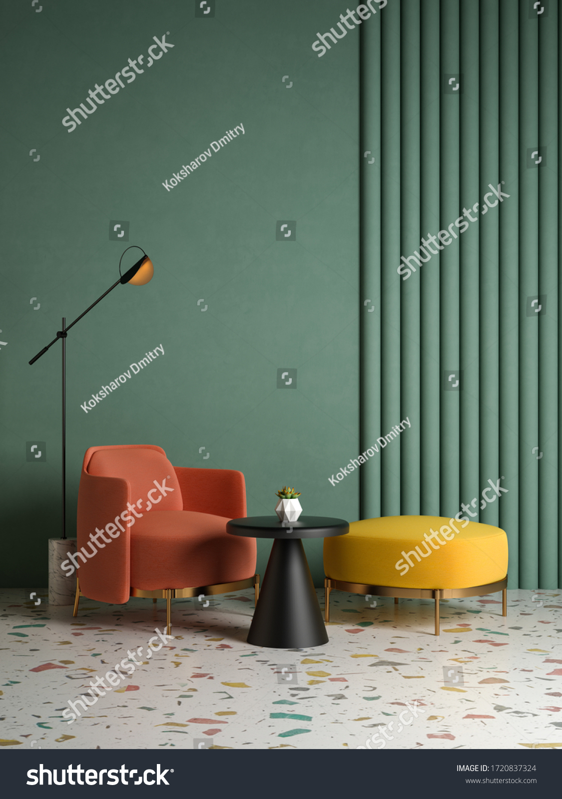 Memphis style conceptual interior room 3d illustration