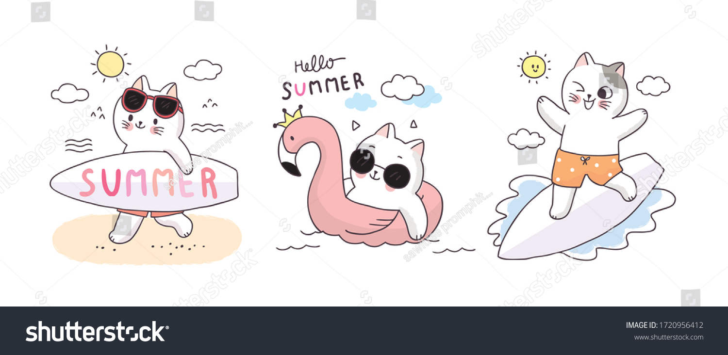Cartoon cute summer cats and surfing vector.