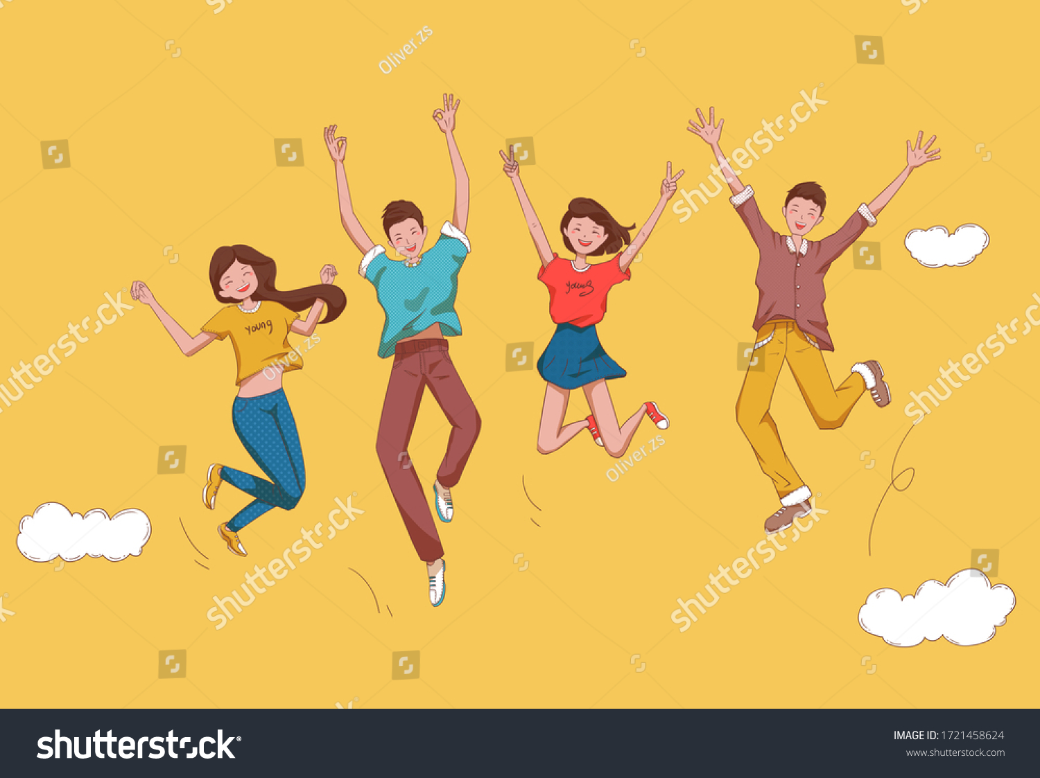 Four young men and women are jumping and cheering.Young people who are happy to celebrate.Illustration