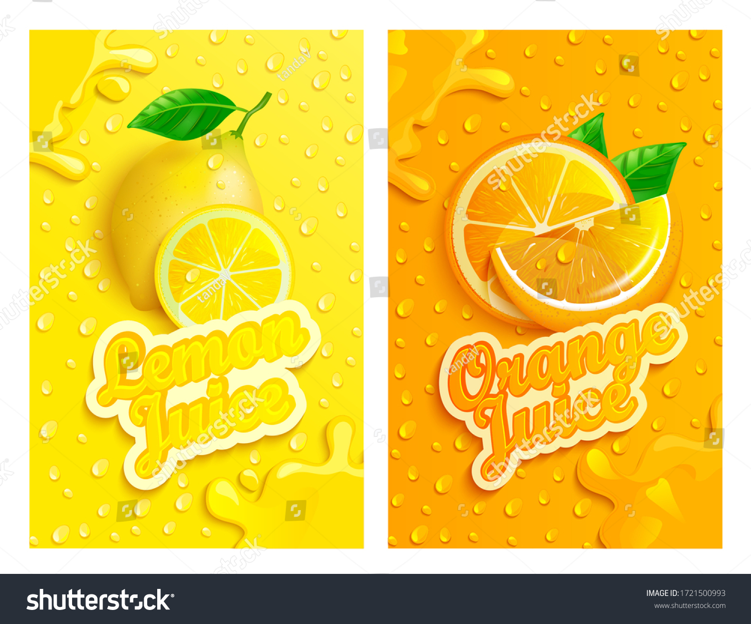 Set of fresh lemon and orange juices backgrounds with drops from condensation  splashing and fruit slices for brand logo template label emblems stores packaging advertising.Vector illustration