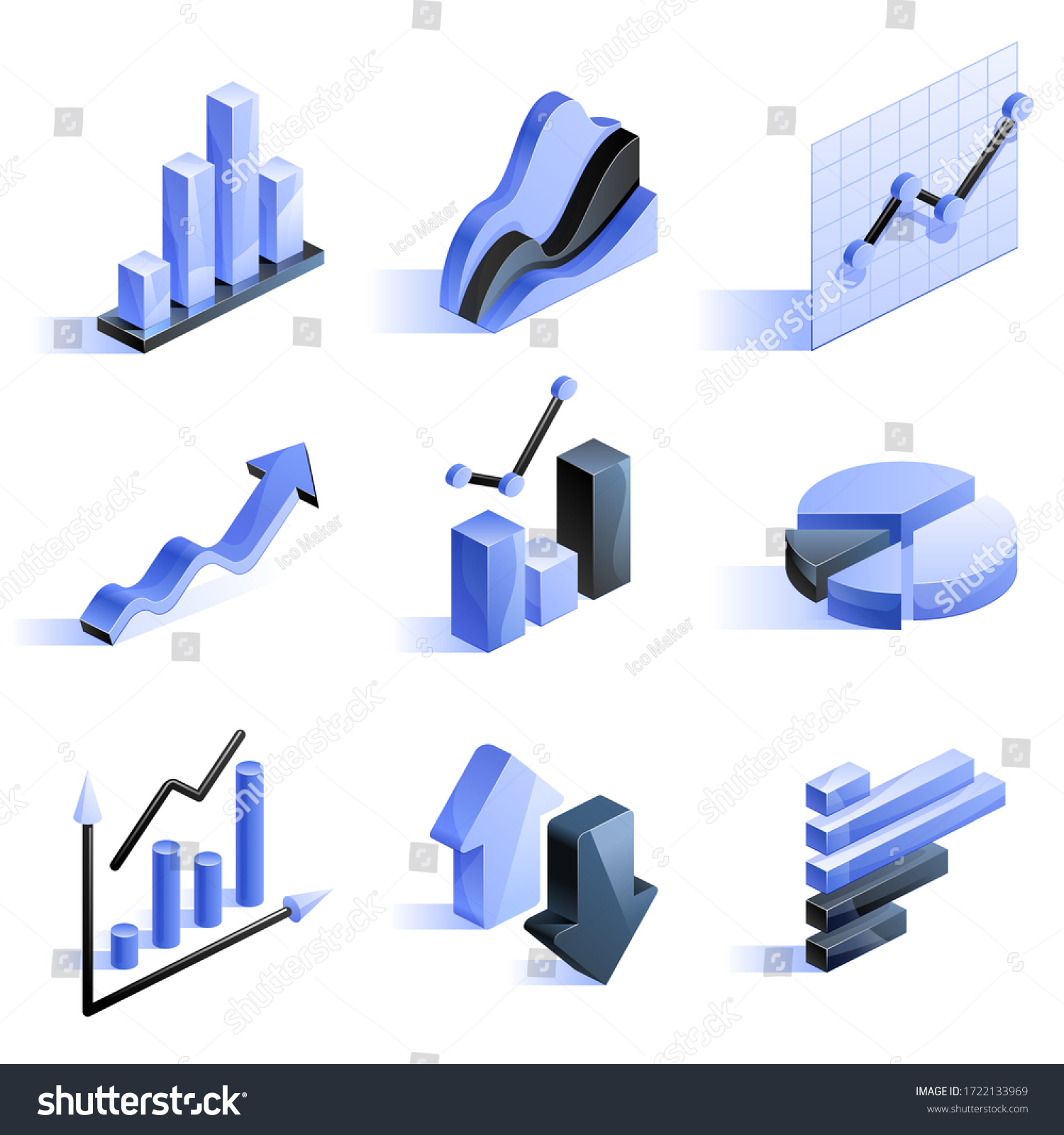 Charts graphs and diagrams Business finance vector isometric icons on white background Data finance information statistic Infographic analysis tools Elements for web presentation applications print