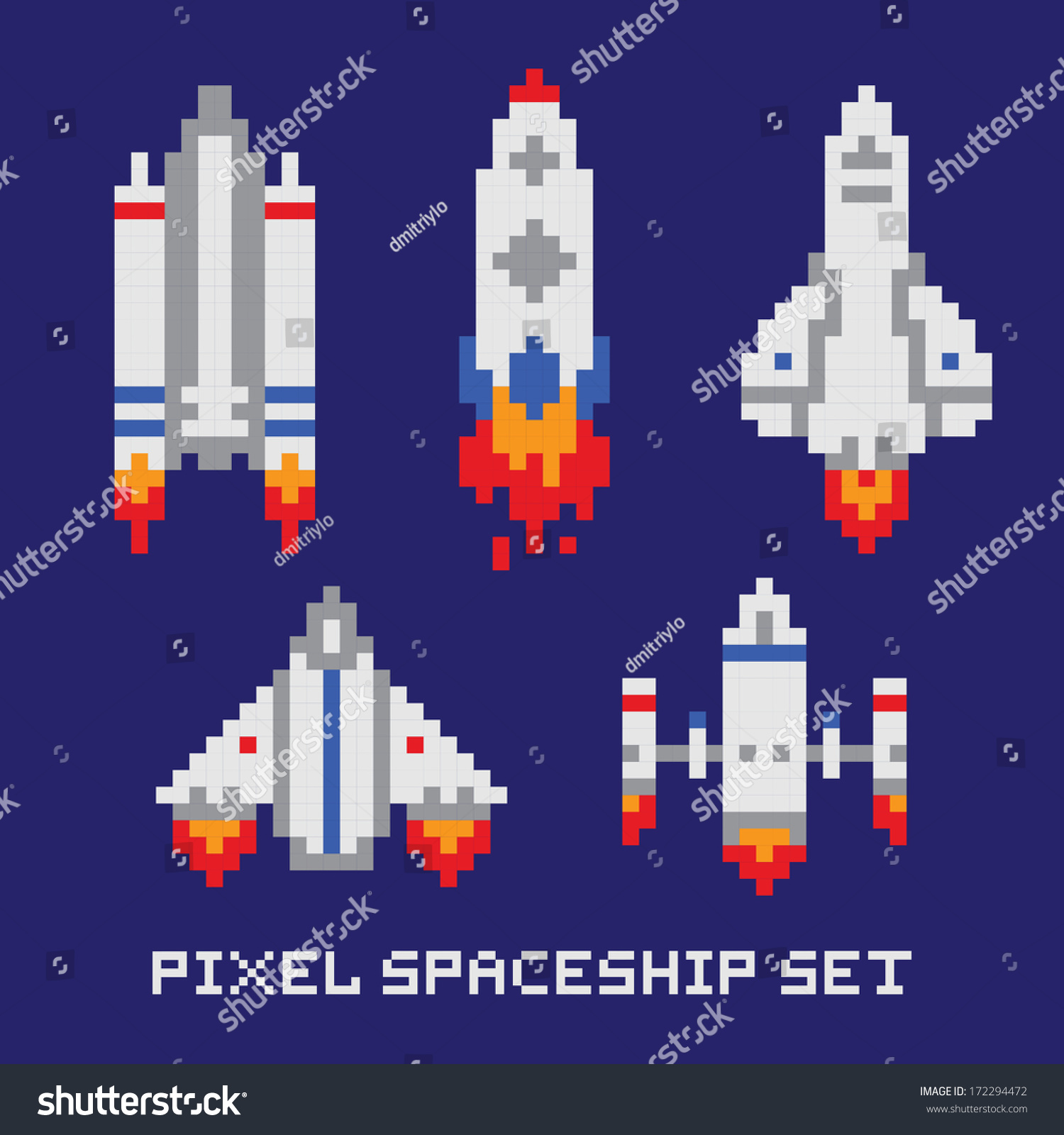 Pixel art spaceship isolated vector set
