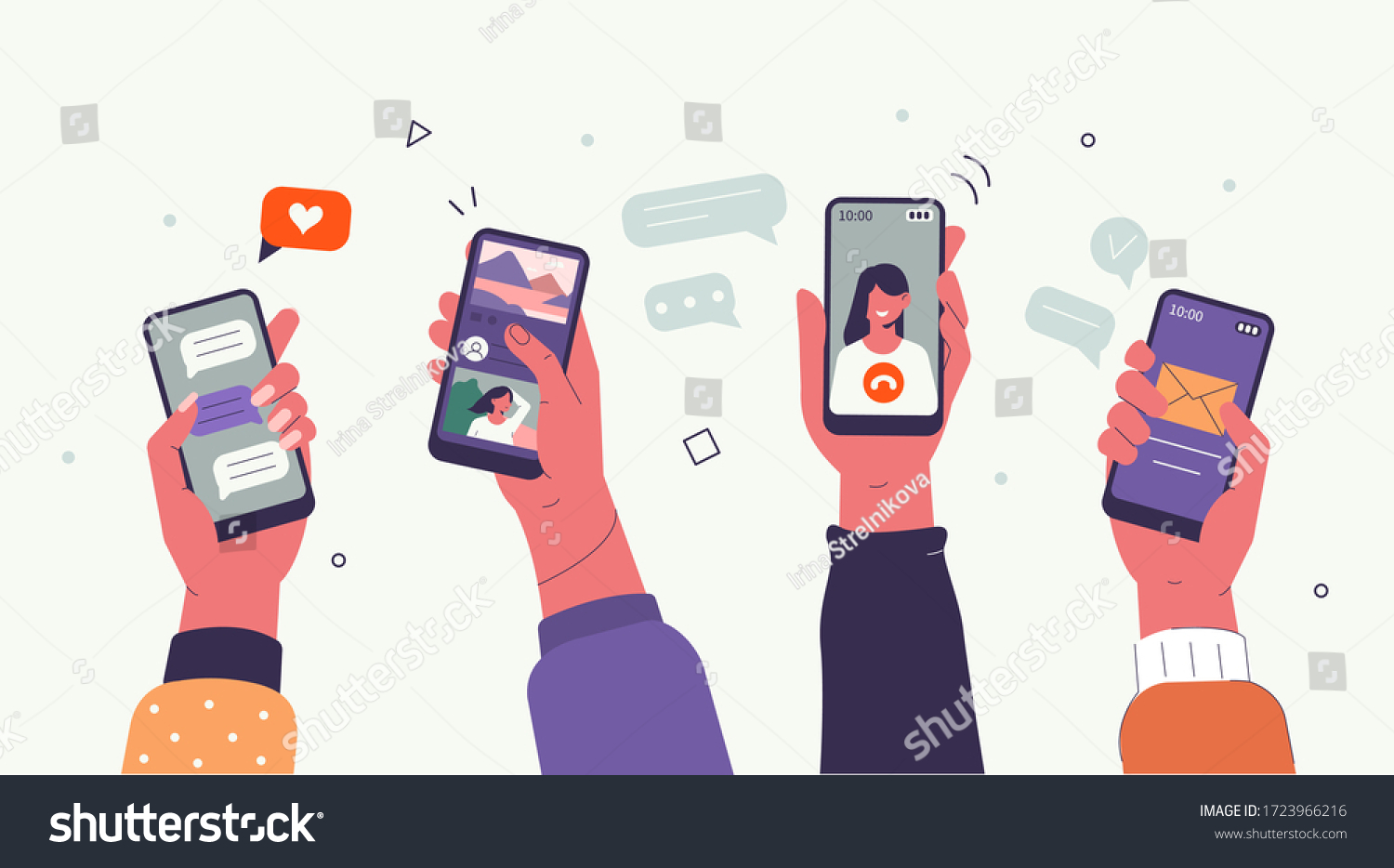 年轻人在社交媒体上使用智能手机和冲浪。男孩和女孩聊天 观看视频 喜欢照片。女性和男性角色在移动应用中讲话。平坦的卡通矢量图。
