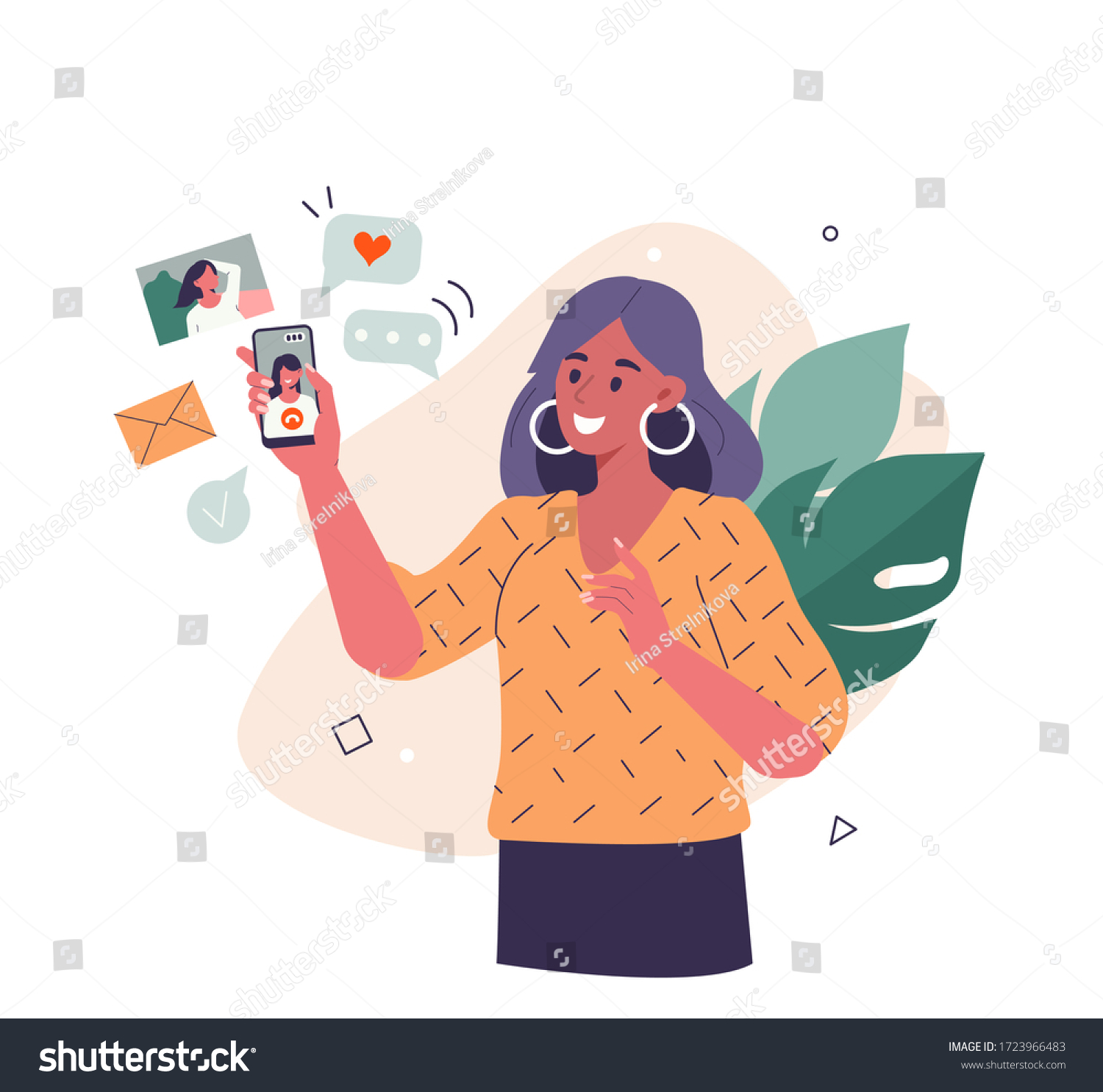 Young Woman use Smartphone and Surfing in Social Media. Girl Chatting  Watching Video  Liking Photos and Make Video Call with Friends in Mobile App. Flat Cartoon Vector Illustration.