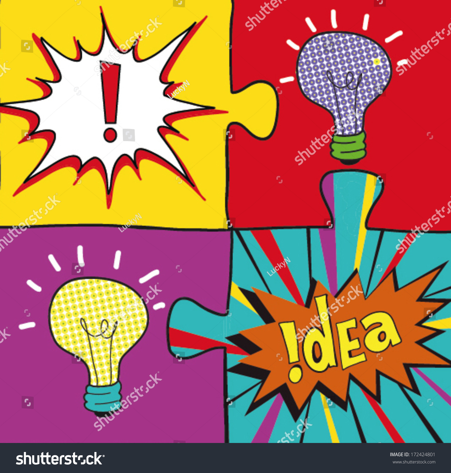 Idea puzzles in Pop art style. Creative light bulbs.  Concept background design 