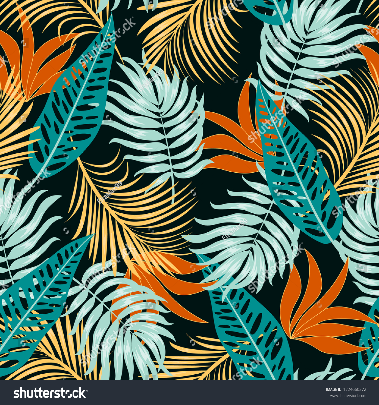 Fashionable seamless tropical pattern with bright plants and leaves on a dark background. Colorful stylish floral. Beautiful print with hand drawn exotic plants. Hawaiian style.