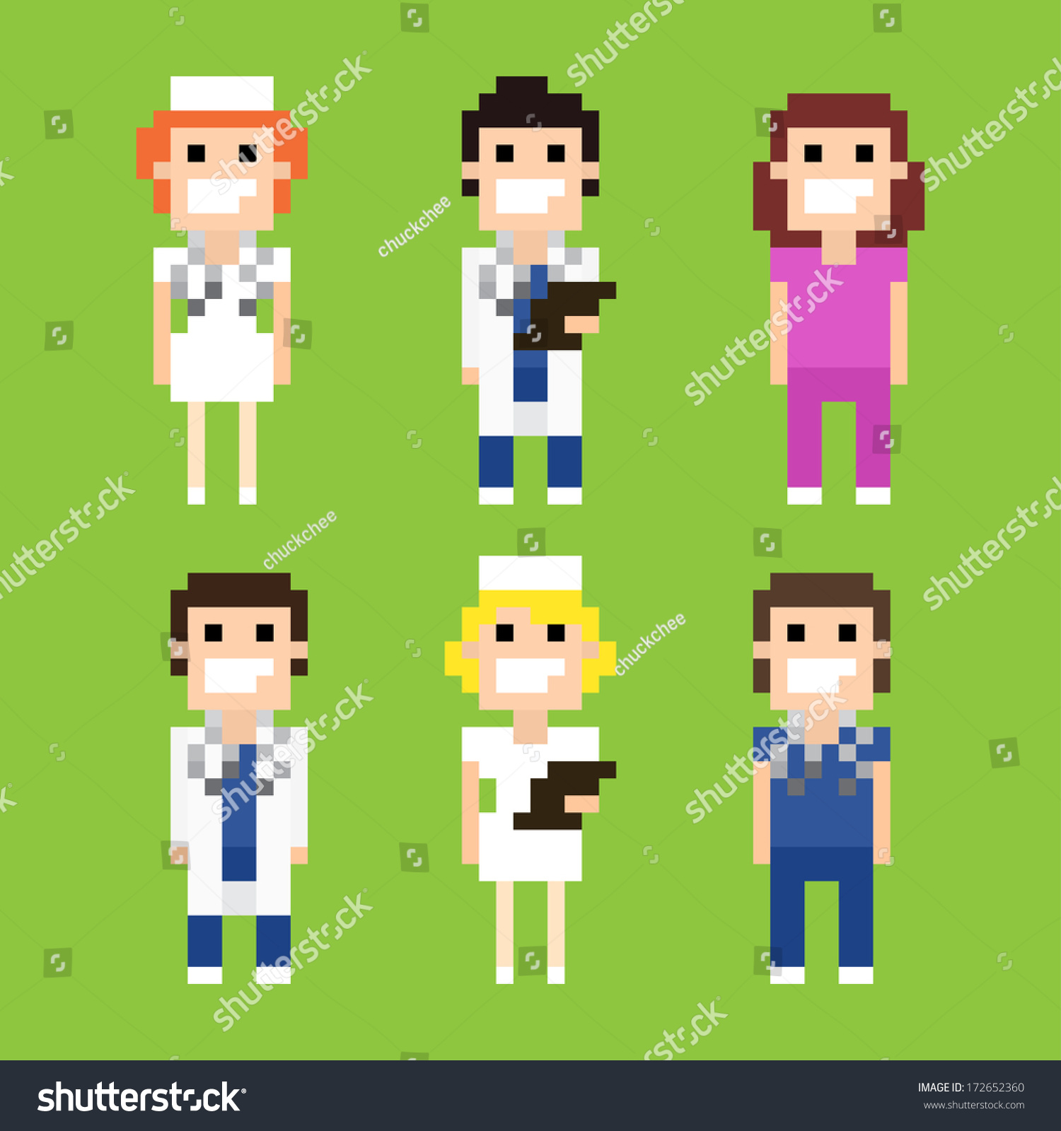 Pixel art characters of doctors and nurses