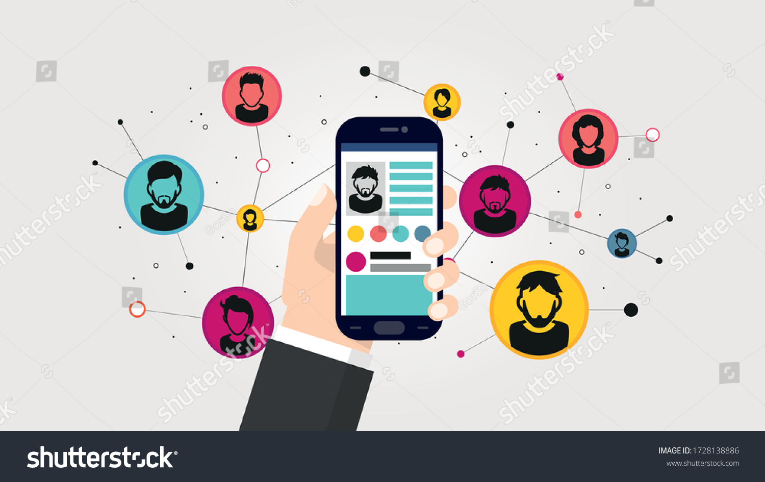 Social network illustration. Phone in a male hand on a background of a network of contacts. EPS 10 vector for use on web pages  in advertising  applications.