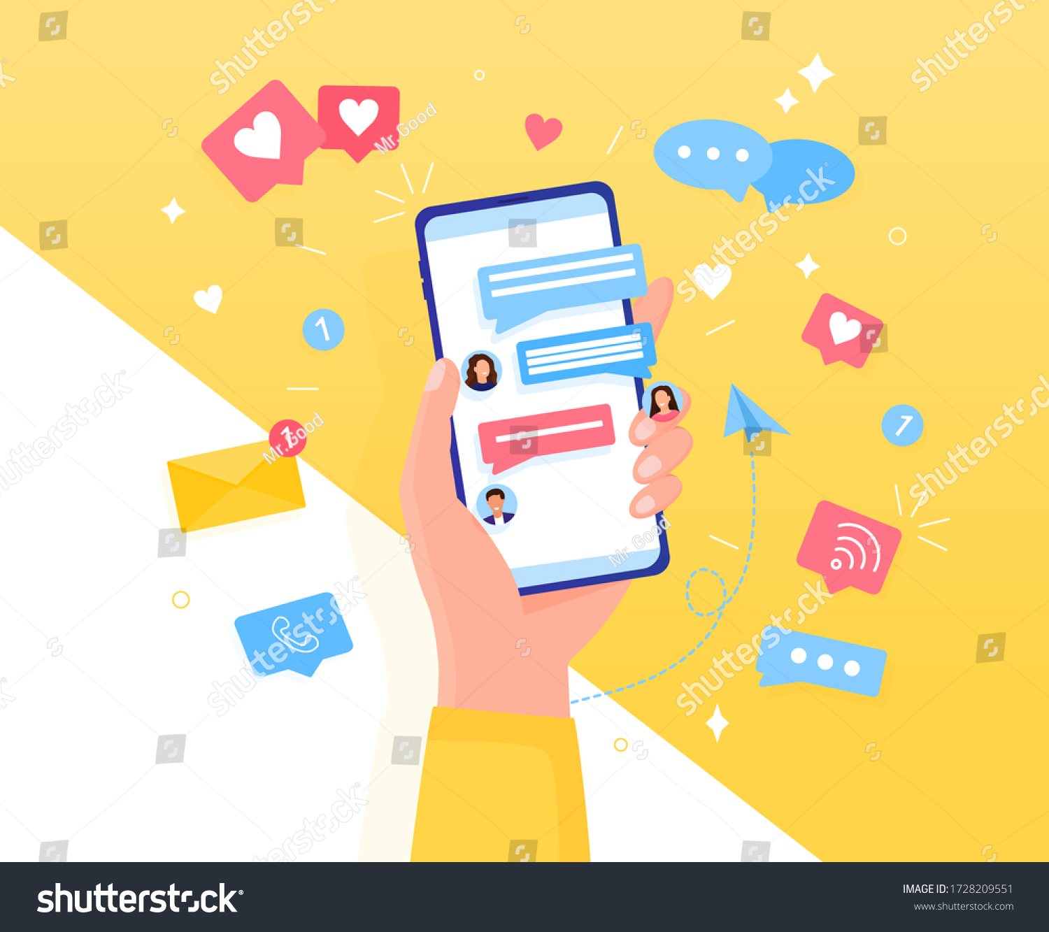 彩色聊天概念手拿着智能手机。图标 短信 消息 通知飞出屏幕。通过电话进行沟通和对话轻松编辑或覆盖其他项目