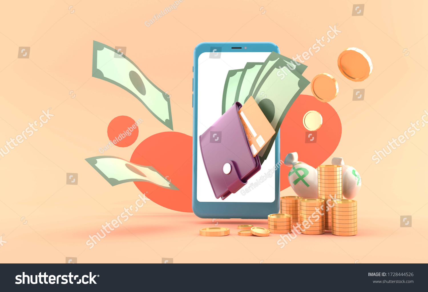 Wallet out of the smartphone on the orange background.-3d rendering.