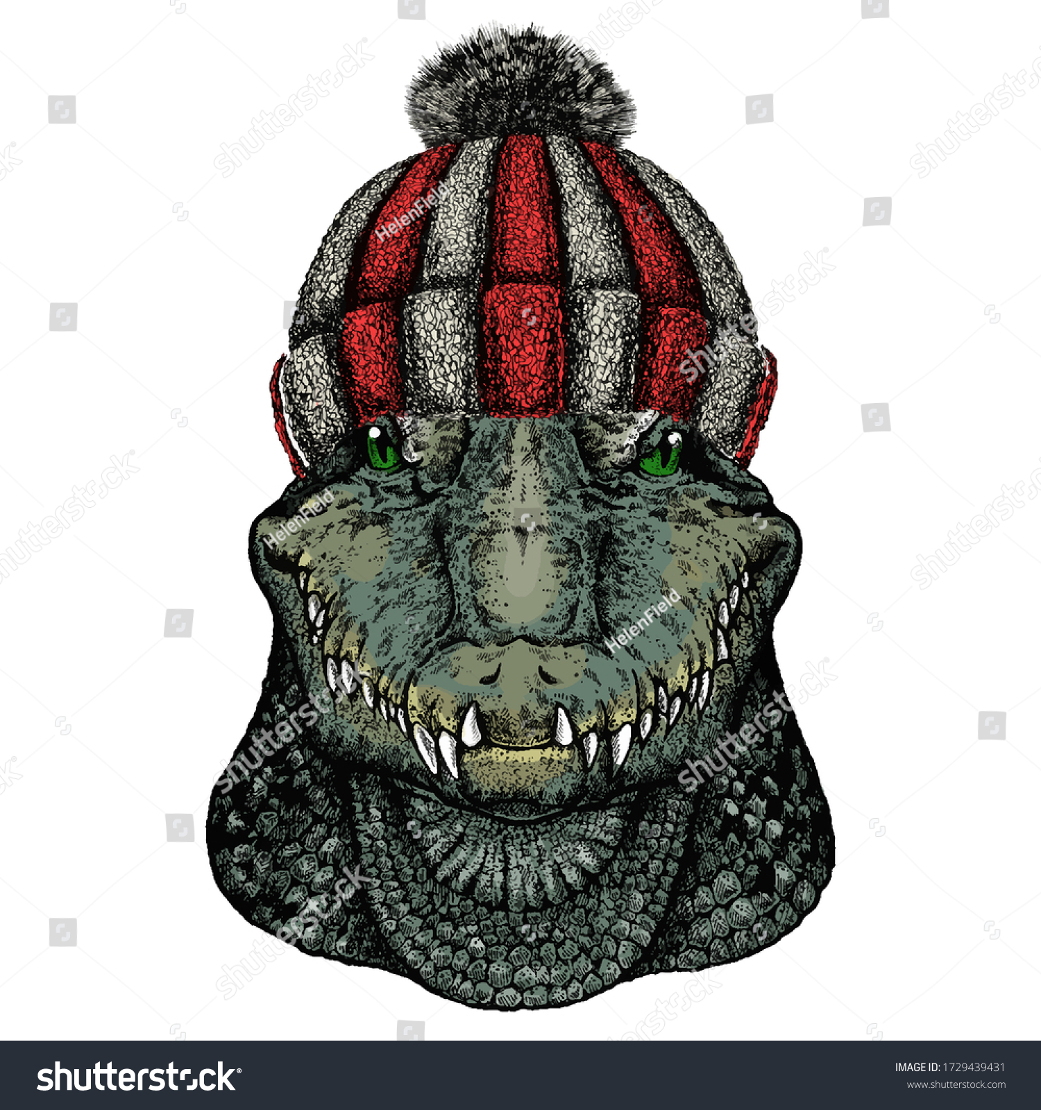 Alligator. Crocodilia. Portrait of african animal. Knitted wool winter hat.