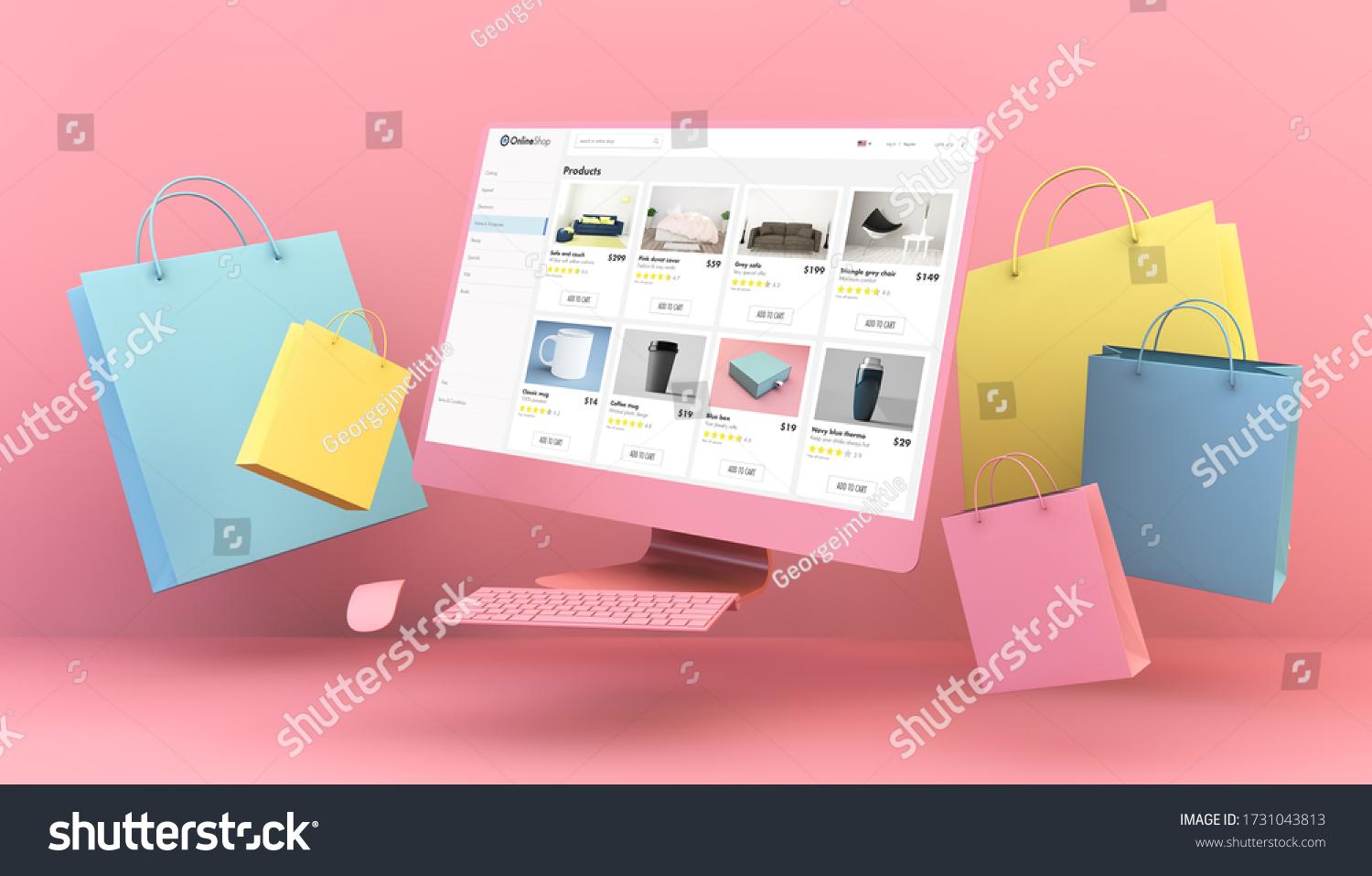 Floating computer online shop and shopping bags in pink background 3d rendering