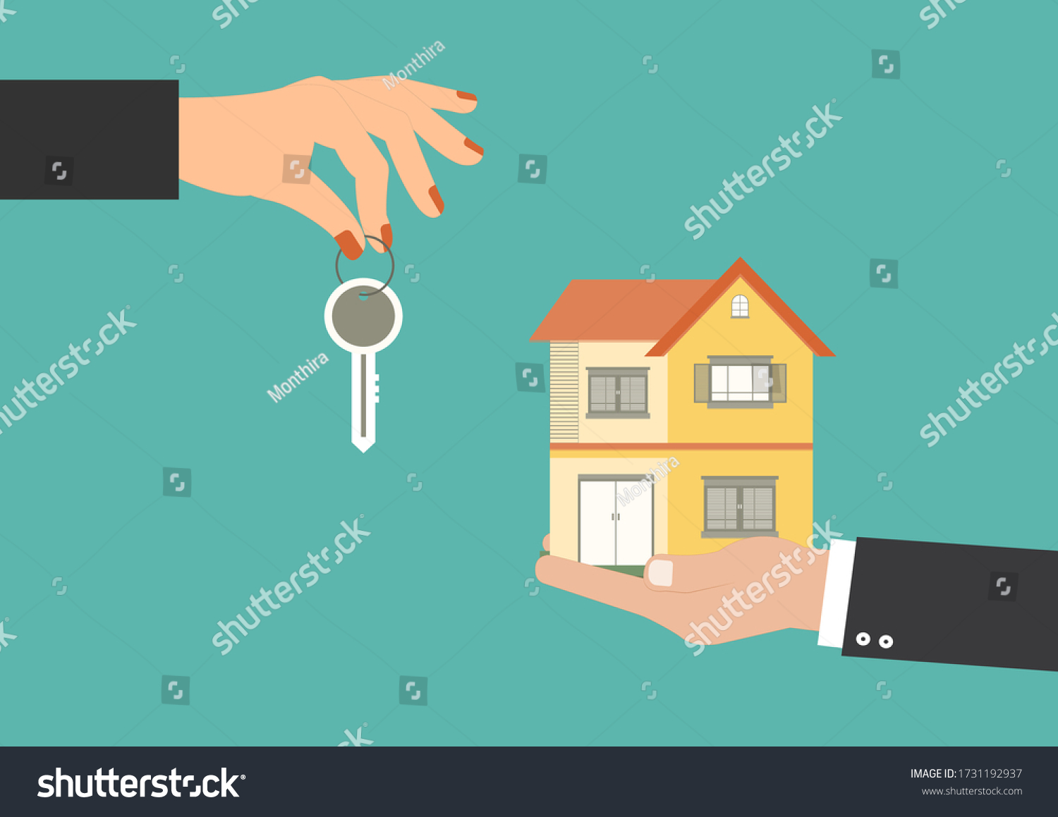 Real estate business and Banking concept Finance  Vector illustration EPS10 of Businessman holding model house and Businesswoman holding a keys on green background
