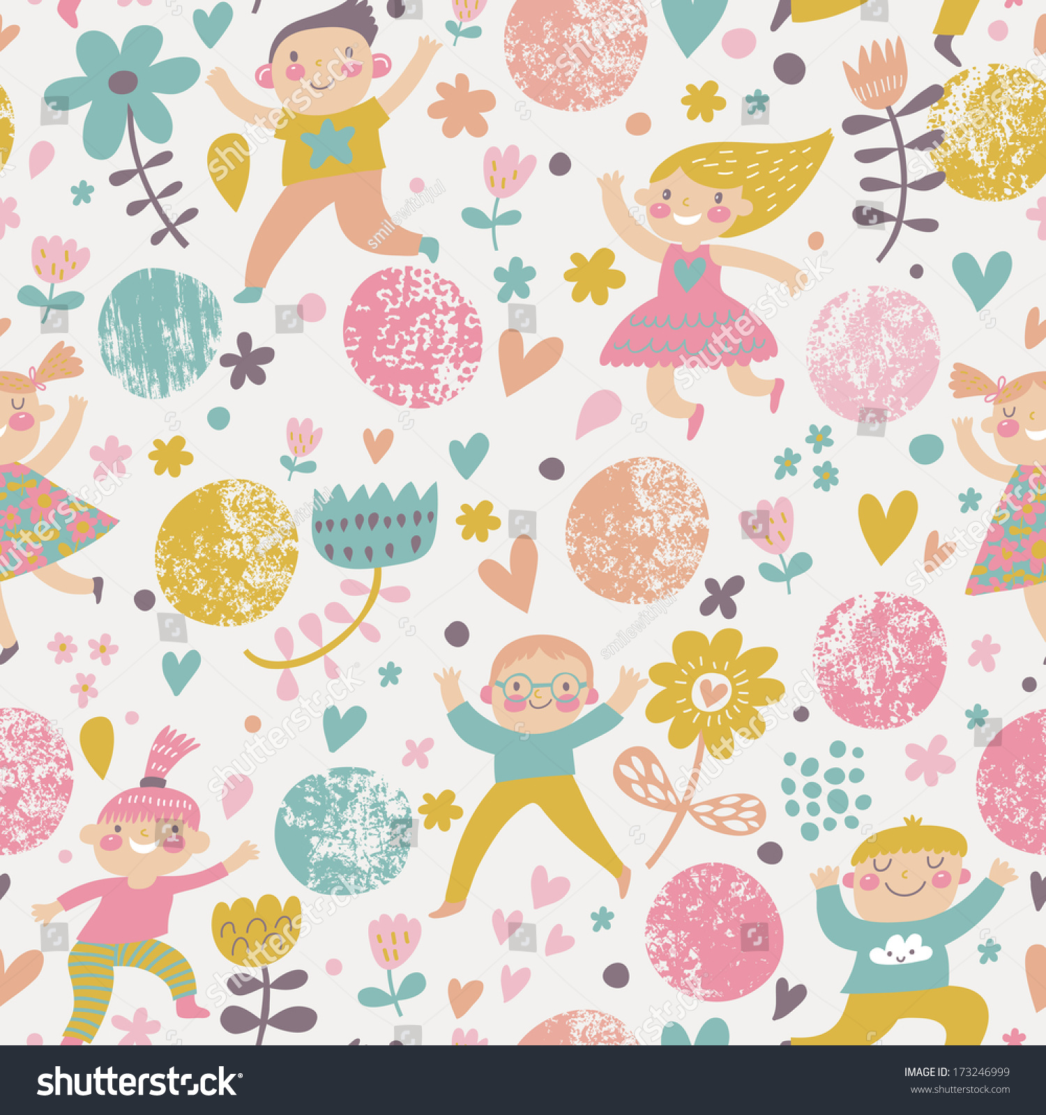 Funny childish seamless pattern in stylish modern colors. Kids are playing in hearts and flowers in vector