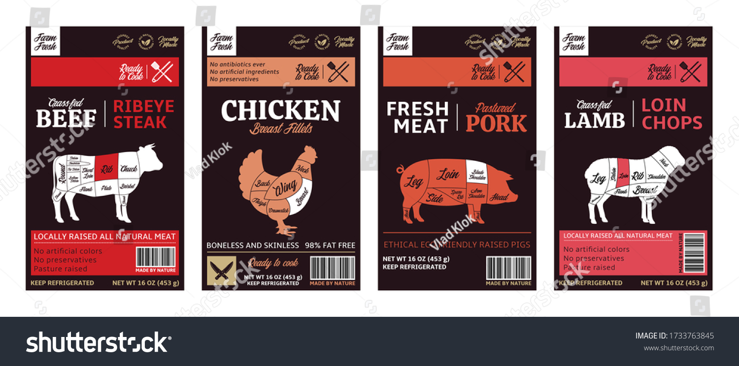 Vector butchery modern style labels. American (US) cuts of beef  chicken  pork and lamb diagrams