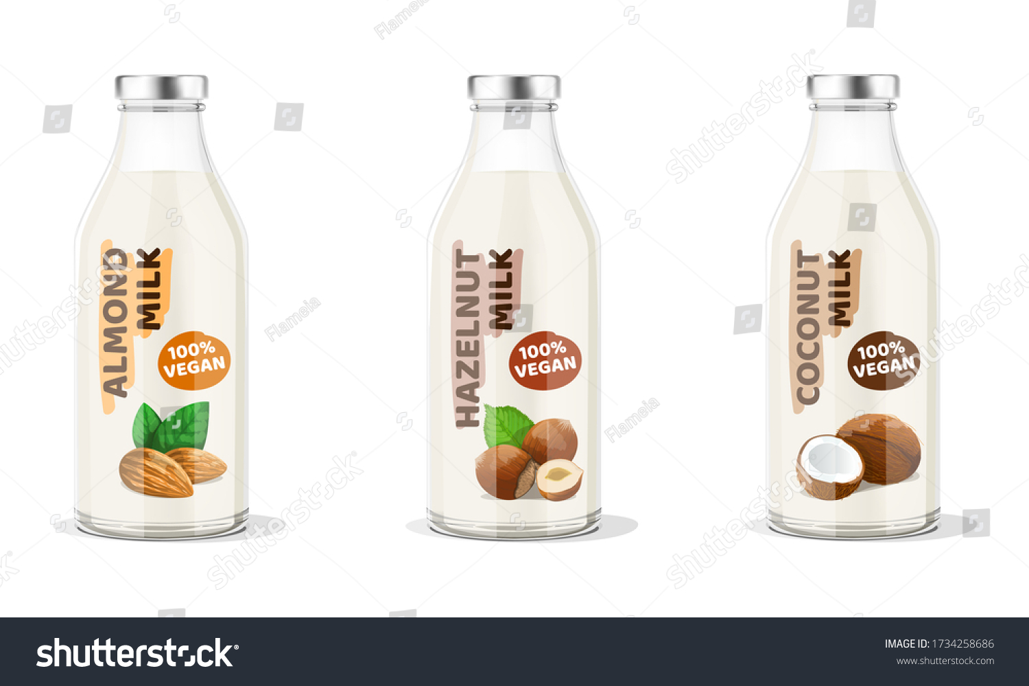 Nut Milk Bottles: almond  hazelnut  coconut vegan milk. Vector Illustration.