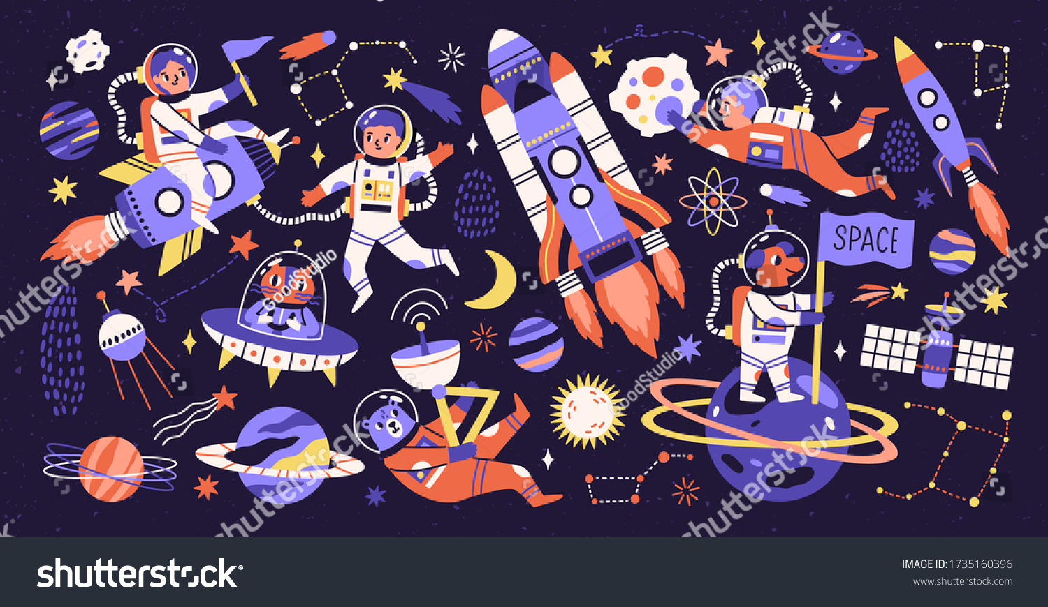 卡通彩色字符宇航员 小行星 彗星和太空对象设置矢量平面插图。在火箭 不明飞行物 行星和星星上隔离在黑色上的人和动物宇航员的收集