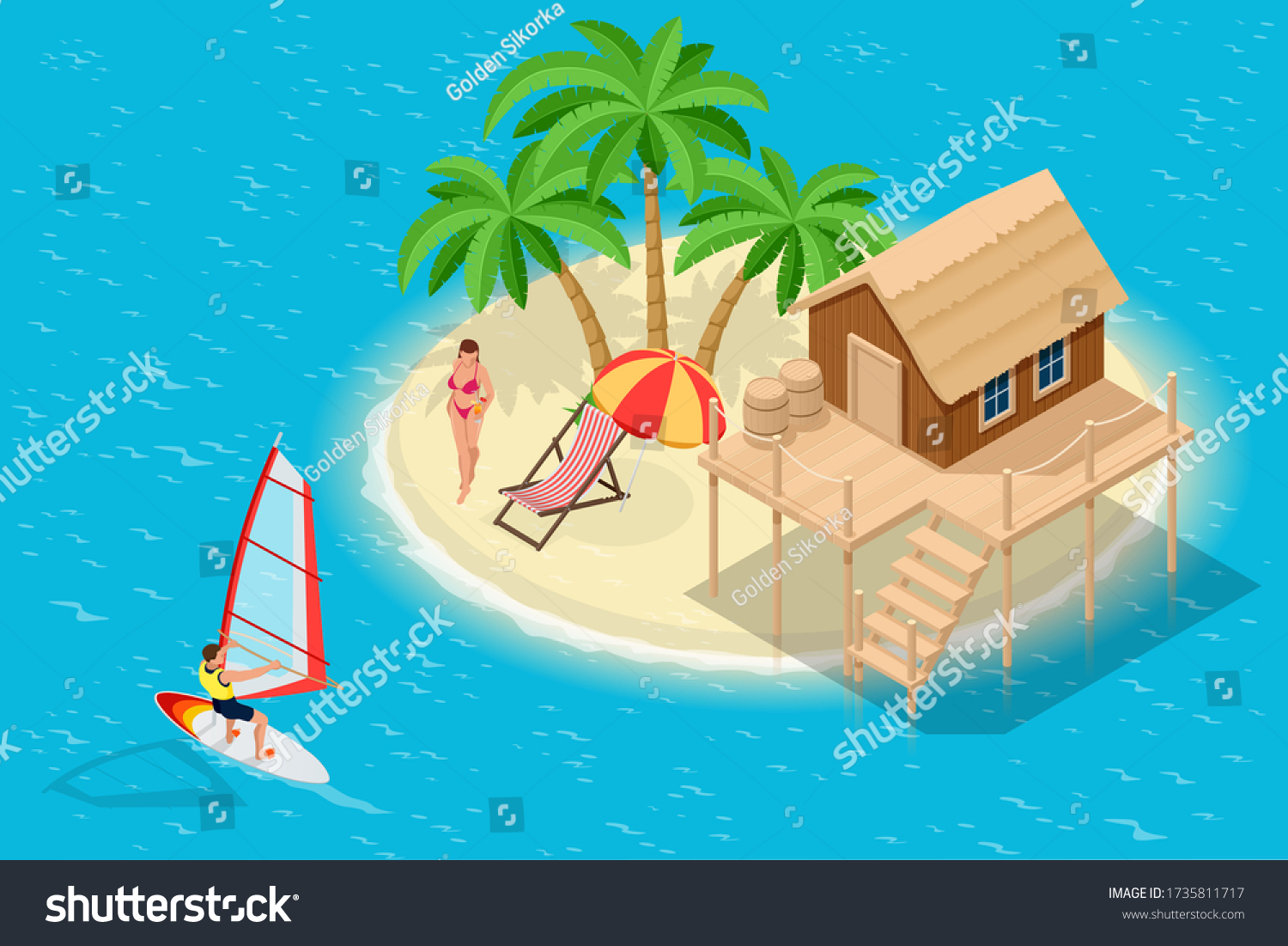 Isometric Summer Vacation concept. Summer time. Luxury overwater thatched roof bungalow in a honeymoon vacation resort in the clear blue lagoon with a view on the tropical island. Tropical vacations