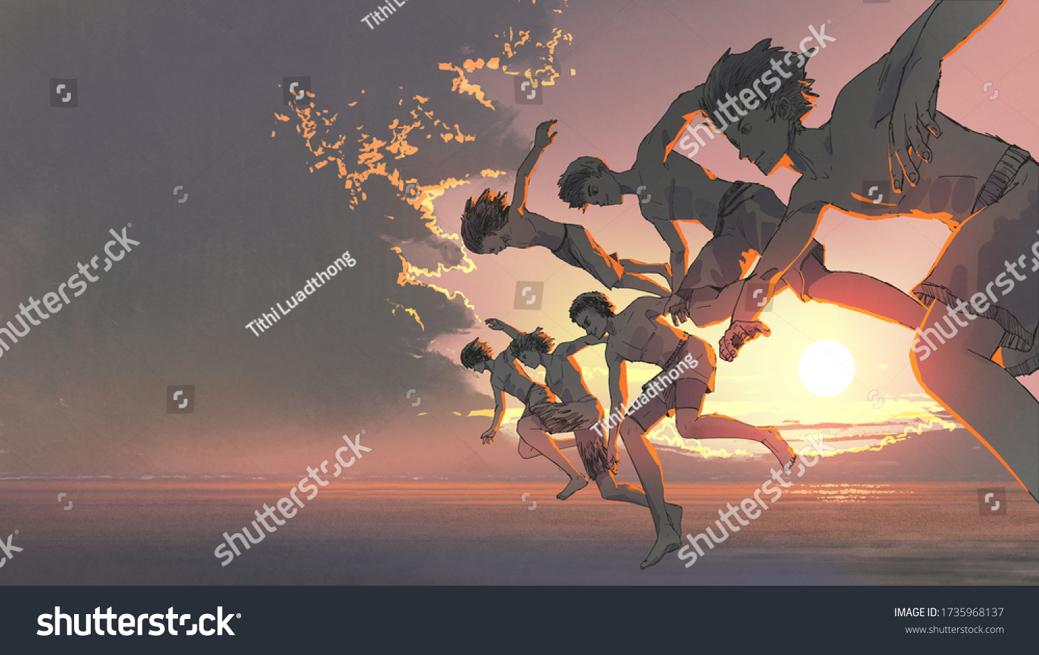 the group of young men running and jumping into the ocean together at sunset digital art style illustration painting