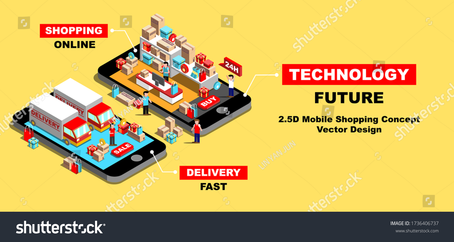 2.5D mobile shopping concept vector design