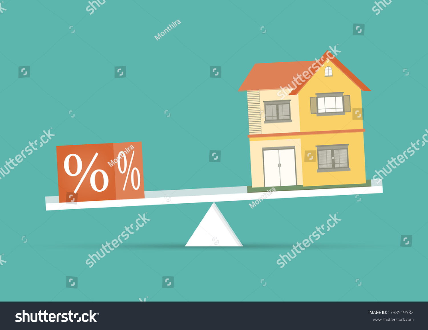 Interest rate up and Banking concept Vector illustration of Model house with Floating Rate on seesaw green background  Fixed Rate