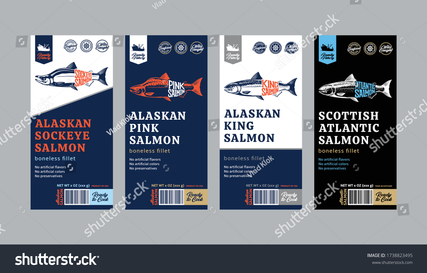 Vector salmon vertical labels. Atlantic  chinook  sockeye  and pink salmon fish illustrations. Modern style seafood labels