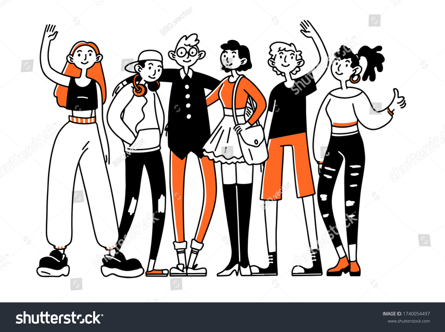 Teen friend team. Group of teenage girls and guys standing together waving hugging flat illustration. Youth friendship community concept for banner website design or landing web page