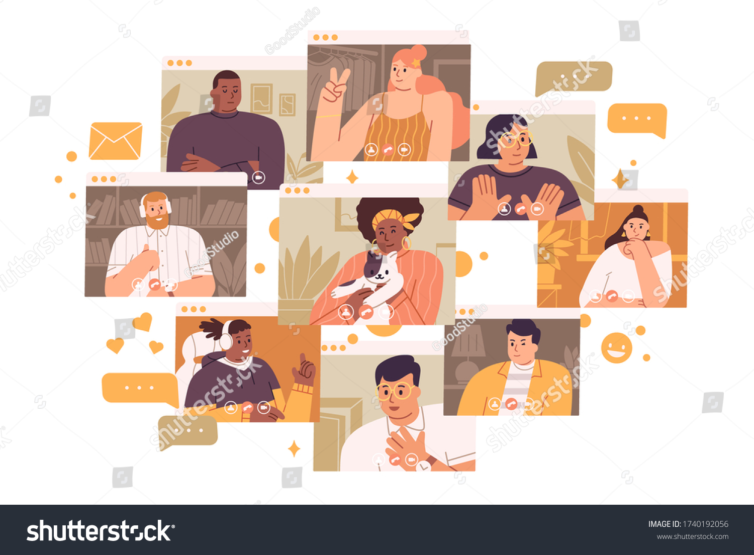 Concept of videoconference and web communication. Team meeting online. Smiling man and women work remotely and have a corporate virtual discussion. Vector illustration in flat cartoon style