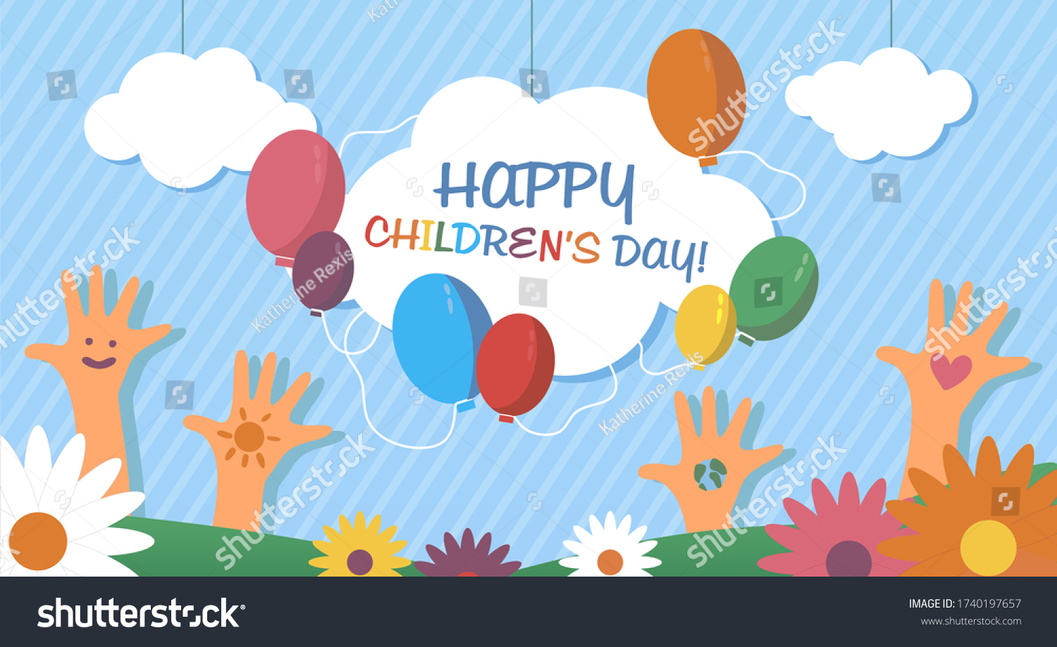 Happy children's day. Vector cartoon illustration. Web banner template. Selebration  world children day. Colorful background. Chuldrens hands and clouds and flowers. Be happy. Child protection day