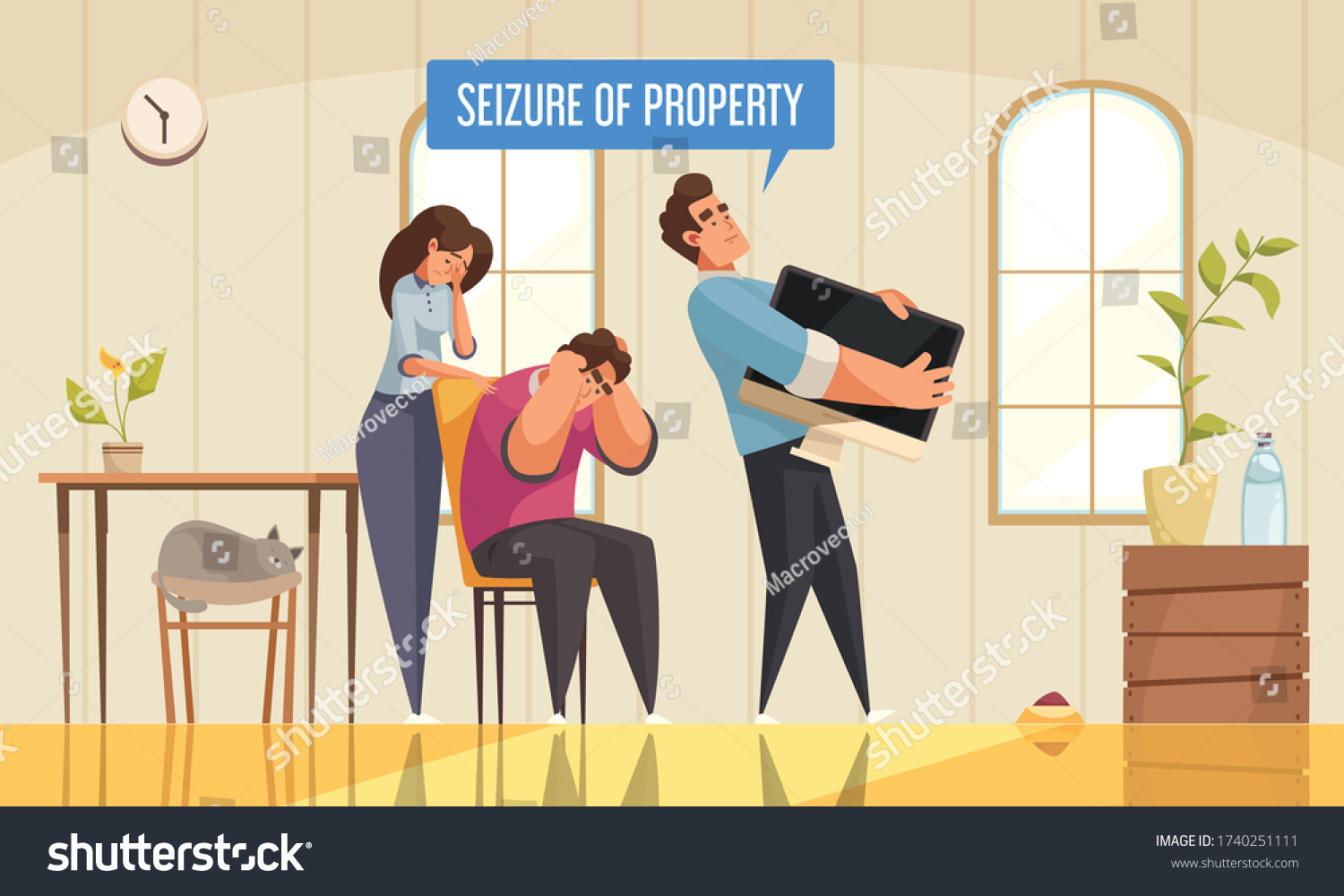 Mortgage credit family composition with home interior and unhappy couple with agent seizing property and text vector illustration