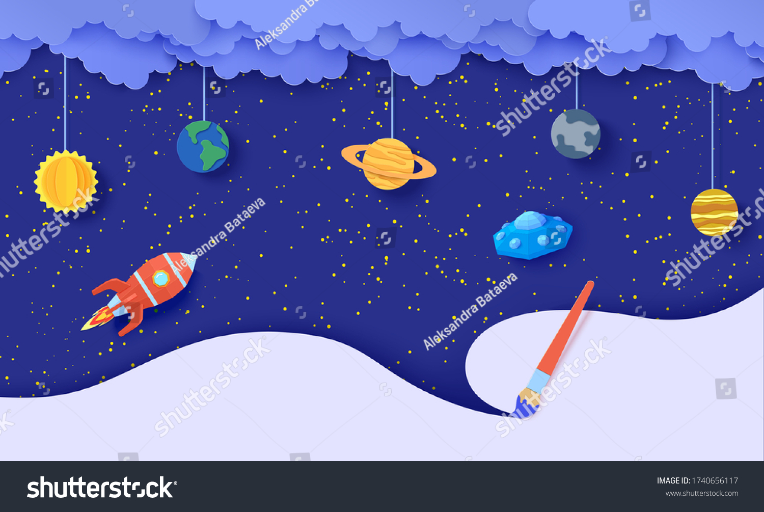 Space with planets on rope flying red polygonal rocket and UFO in paper cut style. Cut out 3d abstract background with cloudy night sky and flying saucer and paintbrush draw. Vector card illustration