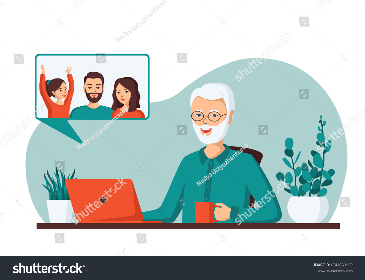 Elderly gray-haired man makes video calls to her children.Father communicates with his daughter  son  granddaughter using a laptop.Concept old senior uses modern technology.Cartoon vector illustration