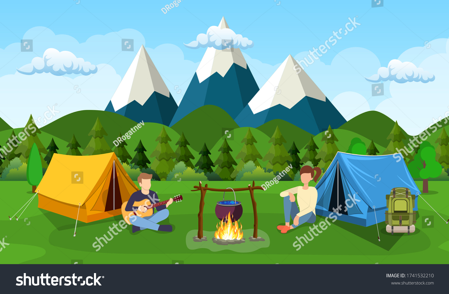 Group of young people are sitting around campfire. Young tourists  campers cartoon characters. Man playing guitar. Vector illustration in flat style