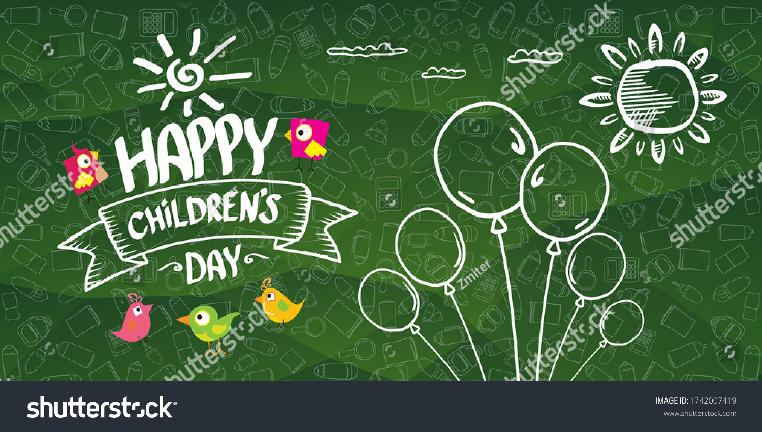 international childrens day cartoon doodle style green horizontal banner background. happy Children day greeting cad  icon or label. Cartoon kids day poster. Children day hand drawn banner design