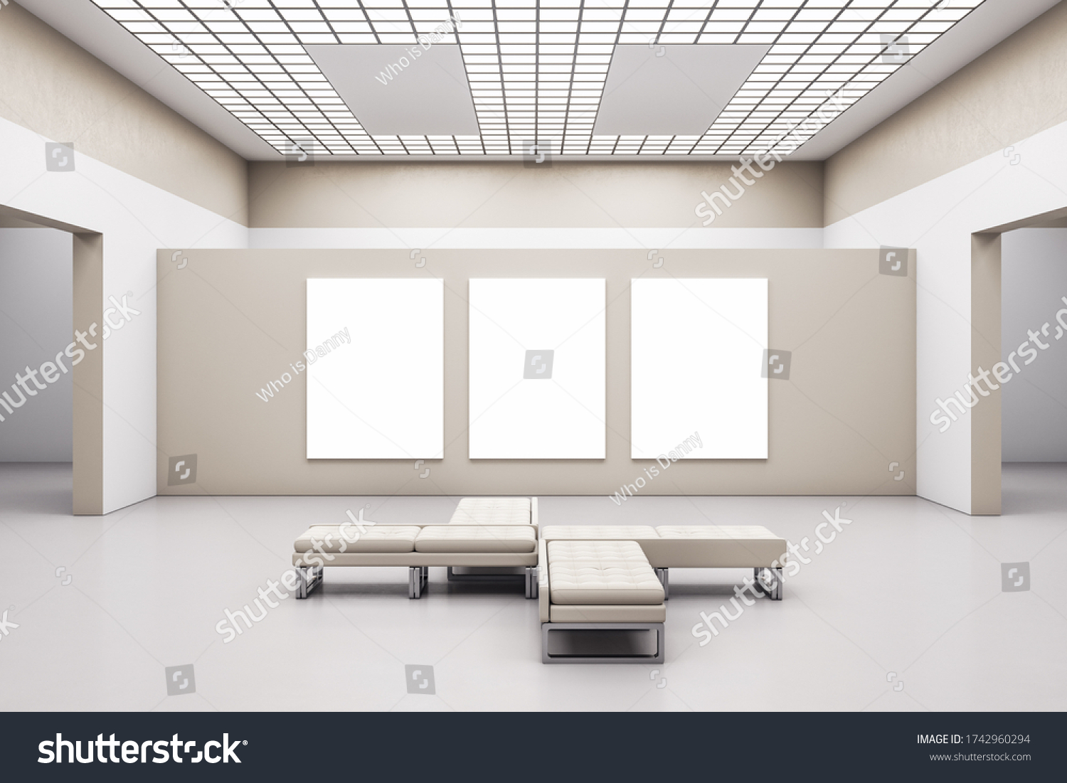 Minimalistic exhibition hall with three blank banners on wall and bench. Gallery concept. Mock up 3D Rendering