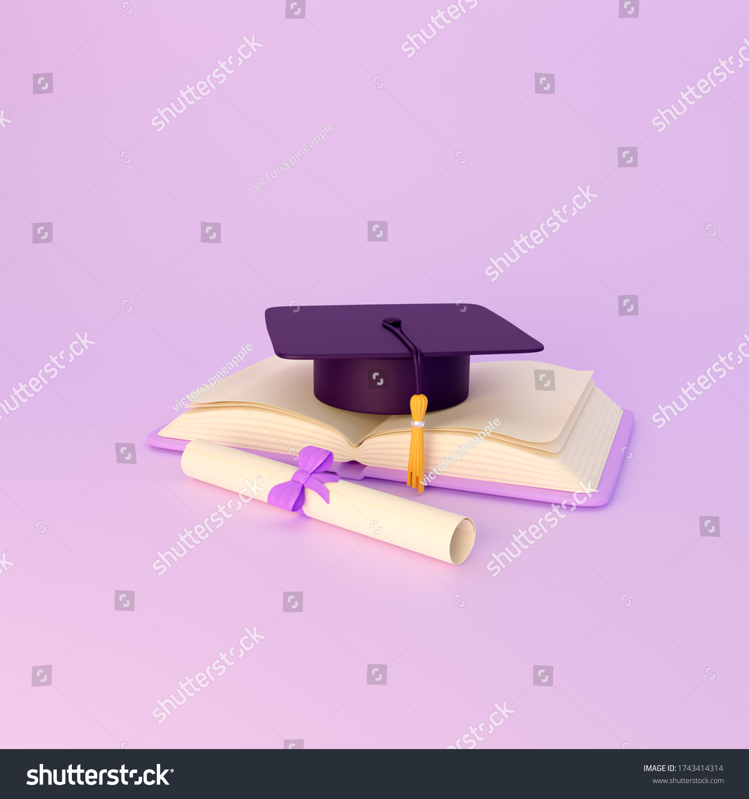 Graduation cap and diploma scroll. 3d render